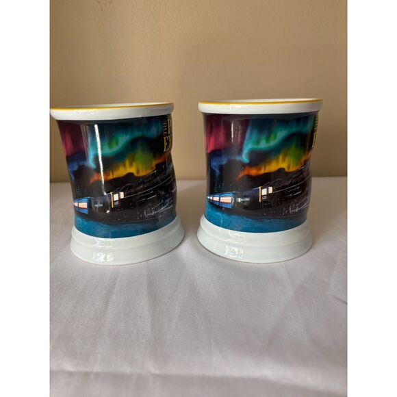 2 Polar Express Mugs with Embossed Train Yellow Stripe Rim; Northern Lights - Picture 4 of 9